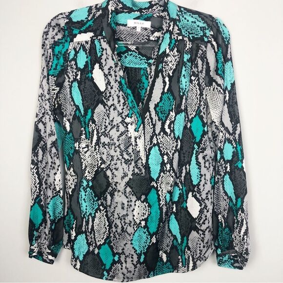MILLY | Katalina Silk Snake Print Blouse Teal Gray Black Top Women’s Size 4 - Picture 3 of 13